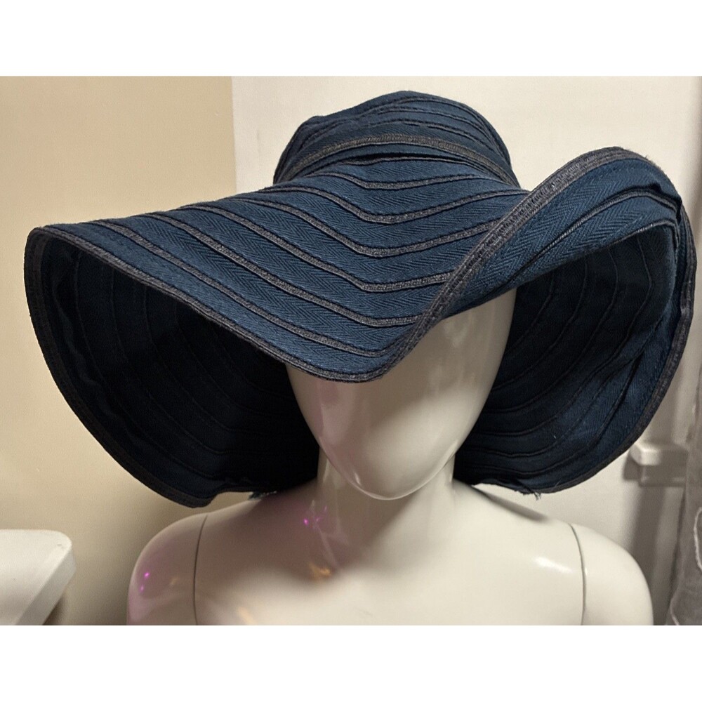 D&Y Sun Hat Wide Brim Floppy Soft Navy Blue Cotton Ribbon Bow Beach Travel - Picture 4 of 13